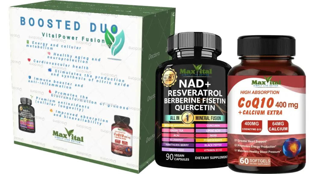 VitalPower Fusion | Suplemento Antienvejecimiento con NAD+, Resveratrol, CoQ10 y 17 Supernutrientes | Energía Celular, Corazón Saludable y Longevidad | 90 Cápsulas + 60 Softgels | MaxVital® 